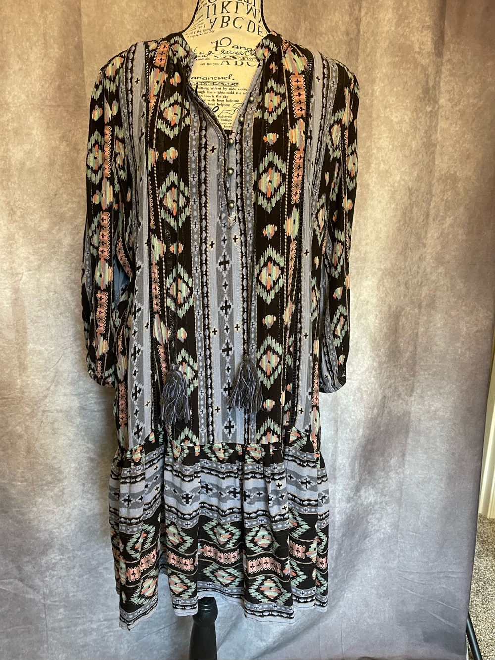 HOLDING HORSES Black Boho Dress with Pastel Blue & Blush Aztec Accents